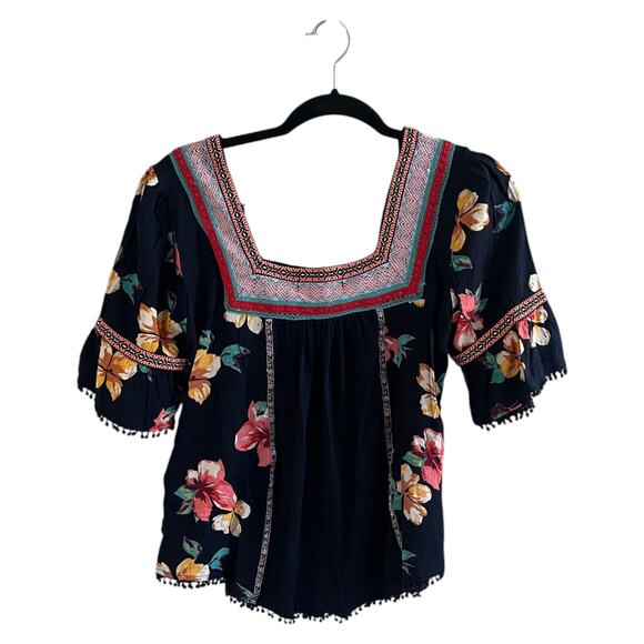 By Anthropologie Dakota Embroidered Square Neck Floral Boho Top Blouse Navy XS - Picture 3 of 9
